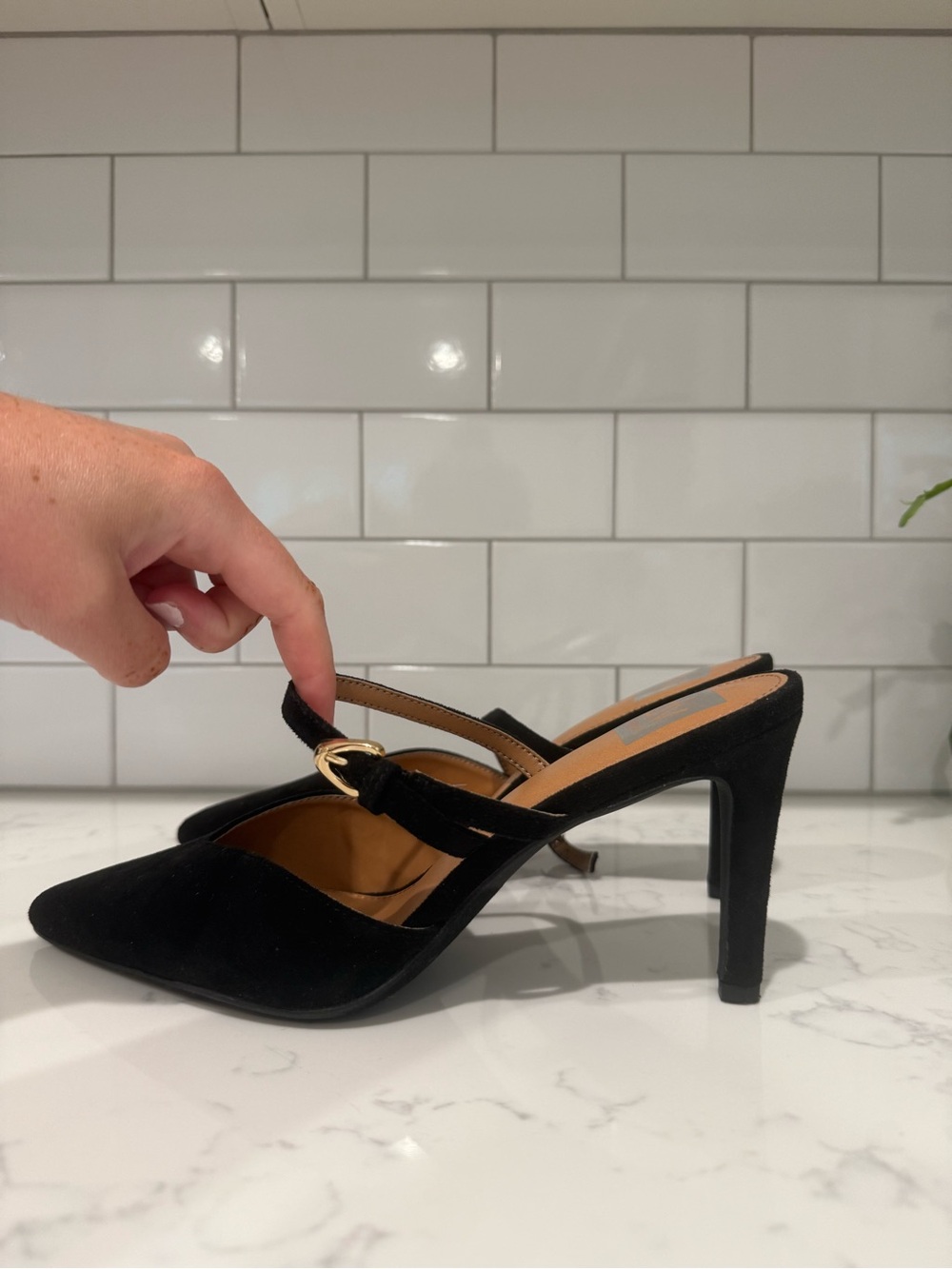 Dolce Vita Black Suede Pointed-Toe High Heel Mules with Gold Buckle Brand New